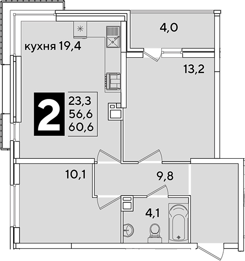 3-комн., 56.6 м², 6/16 этаж, ЖК «Самолет»