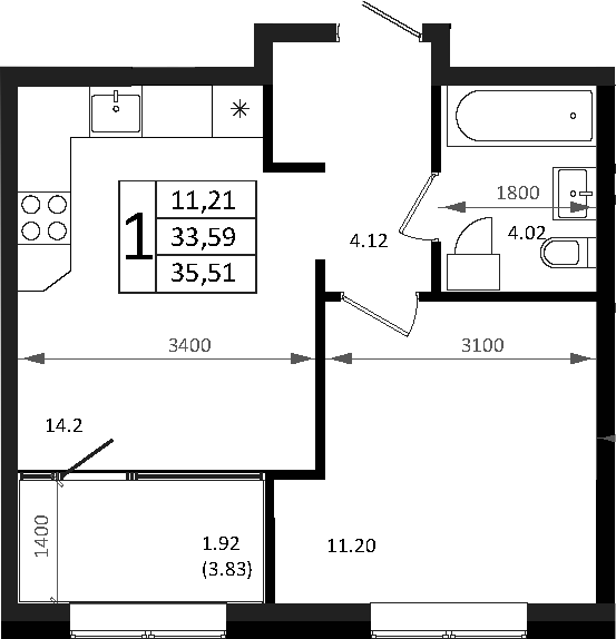 2-комн., 33.59 м², 7/7 этаж, ЖК «Патрики»