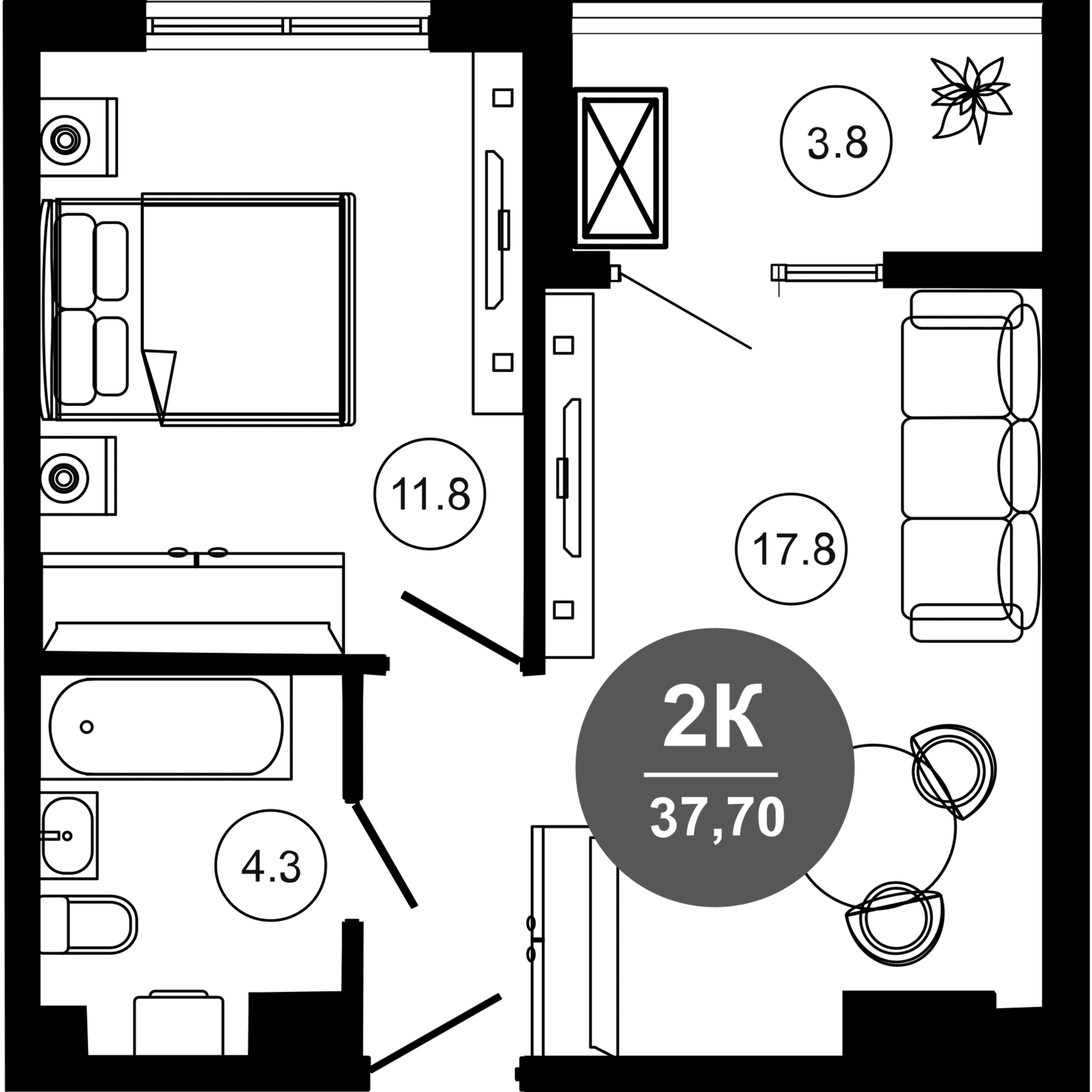 2-комн., 33.9 м², 4/10 этаж, ЖК «Гостиничный комплекс GREENMONT»