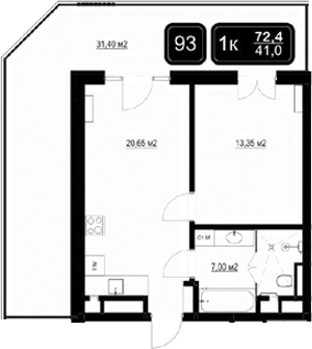 2-комн., 41 м², 6/9 этаж, ЖК «ГК Кайрос»