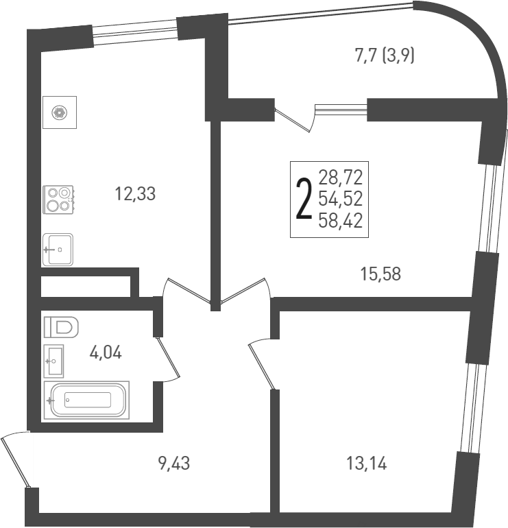 2-комн., 55.9 м², 21/24 этаж, ЖК «ЖК «Кубанская Крепость»»
