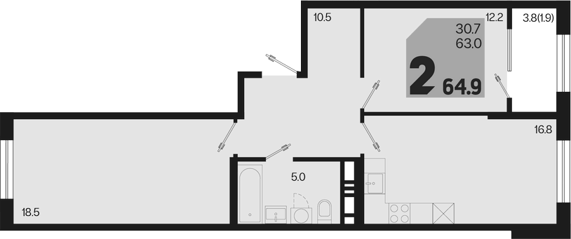 3-комн., 63 м², 3/18 этаж, ЖК «Первое место»