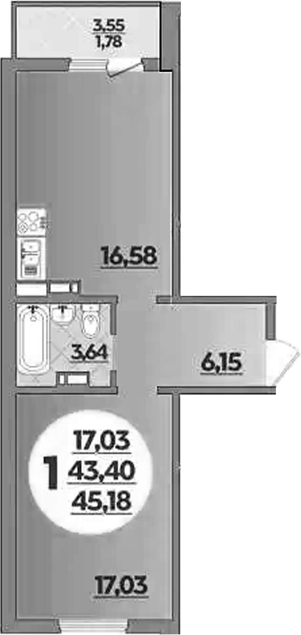 1-комн., 43.4 м², 5/9 этаж, ЖК «Южная долина»