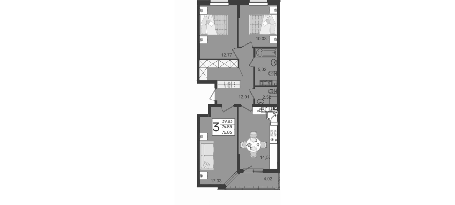 3-комн., 74.85 м², 18/18 этаж, ЖК «Дом 101»