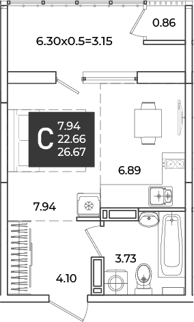 Студия, 22.66 м², 14/18 этаж, ЖК «Образцово»
