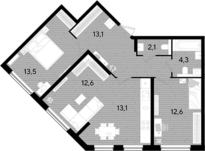 2-комн., 71.3 м², 2/16 этаж, ЖК «DОГМА ПАРК»