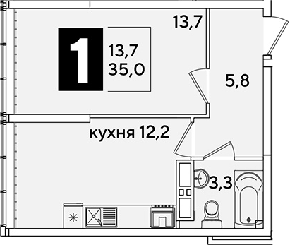 1-комн., 35 м², 15/16 этаж, ЖК «Самолет»