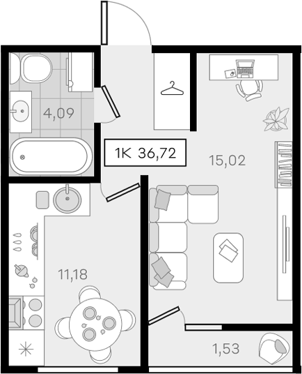 1-комн., 35.19 м², 1/8 этаж, ЖК «История 3»