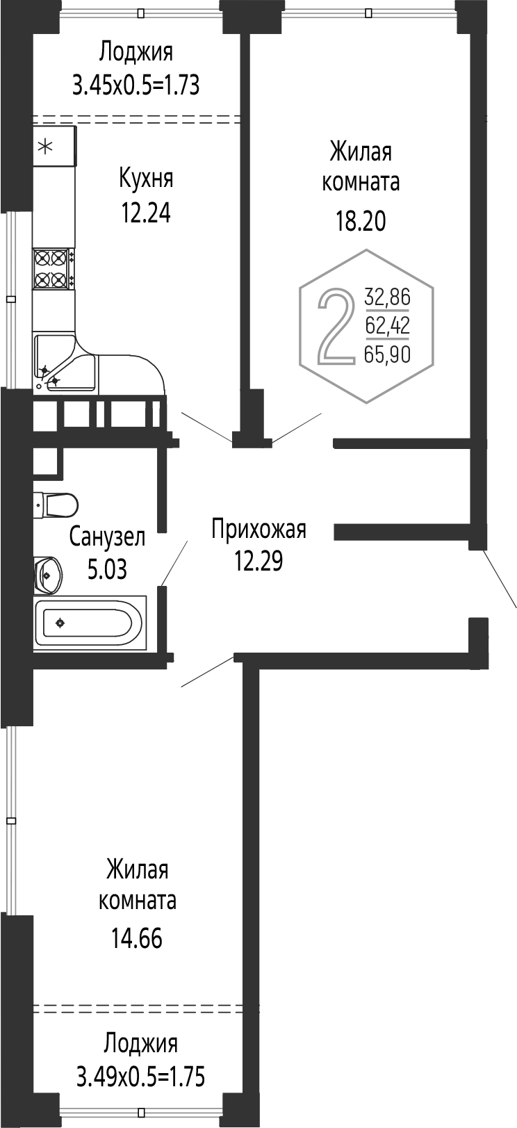 2-комн., 62.42 м², 20/24 этаж, ЖК «Гарантия PRIME»