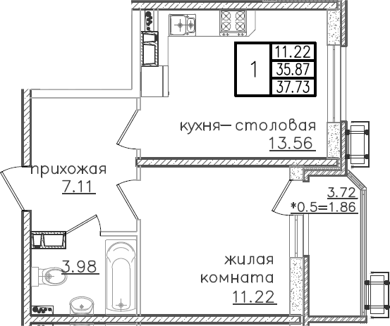 1-комн., 35.87 м², 10/23 этаж, ЖК «Урал»