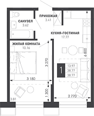 Продается 1-комн. квартира, 39.86 м²