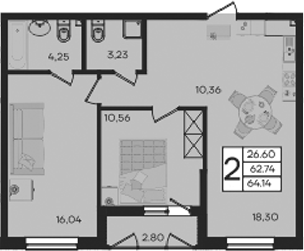 Продается 2-комн. квартира, 62.74 м²