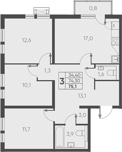 Продается 3-комн. квартира, 74.3 м²