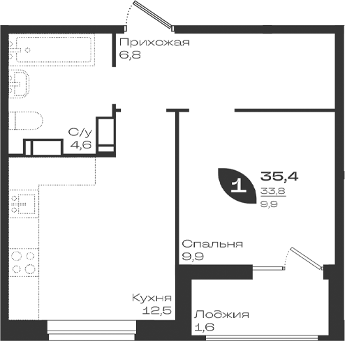 1-комн., 33.8 м², 17/18 этаж, ЖК «Ботаника»