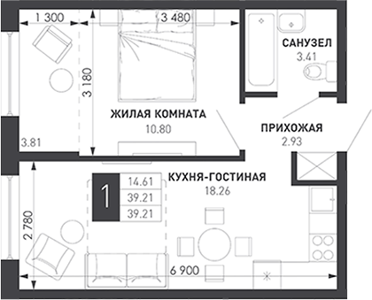 1-комн., 36.75 м², 7/9 этаж, ЖК «Иначе в Молодежном»