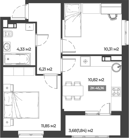 2-комн., 43.52 м², 2/5 этаж, ЖК «Соловей»