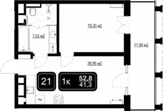 2-комн., 41.3 м², 2/9 этаж, ЖК «ГК Кайрос»