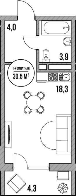 Студия, 26.2 м², 1/5 этаж, ЖК «МореТут»