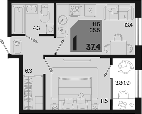Продается 1-комн. квартира, 35.5 м²