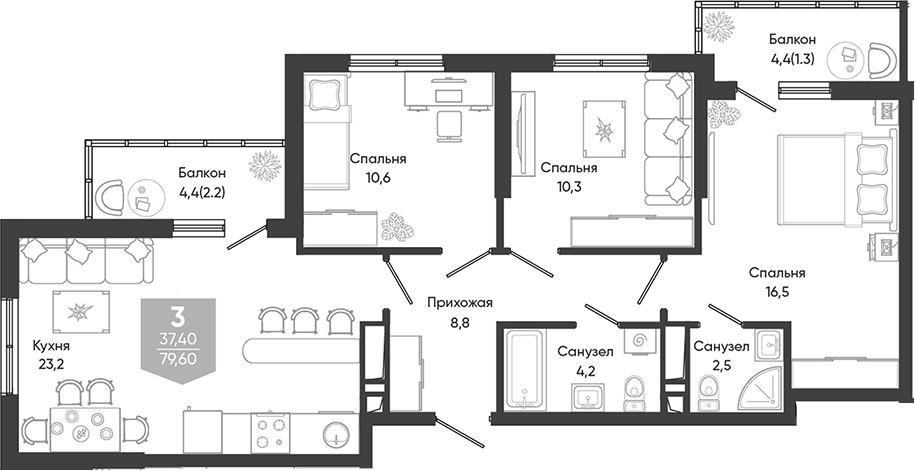 4+ комнаты, 76.1 м², 19/24 этаж, ЖК «Облака»