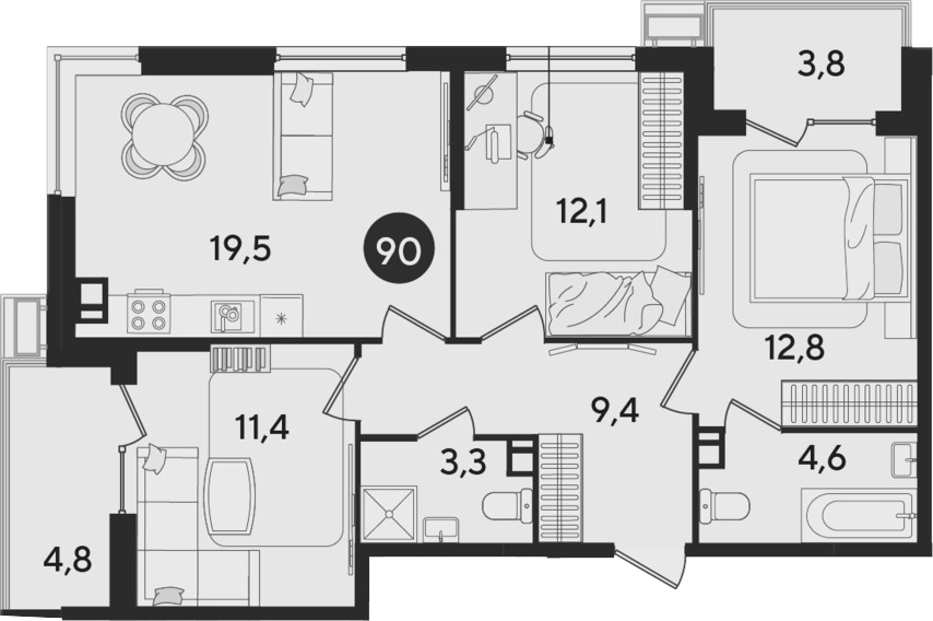 4+ комнаты, 73.1 м², 8/9 этаж, ЖК «Парк Победы»