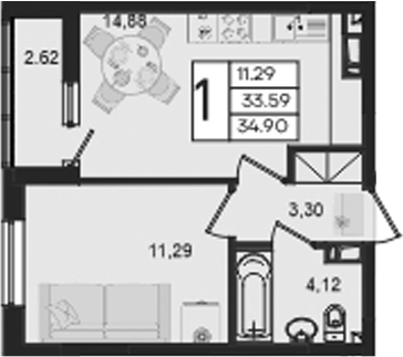 1-комн., 33.59 м², 7/9 этаж, ЖК «Дом 101»