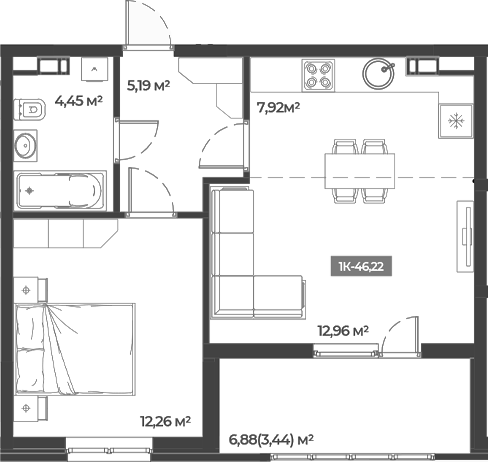 1-комн., 42.78 м², 2/5 этаж, ЖК «Соловей»