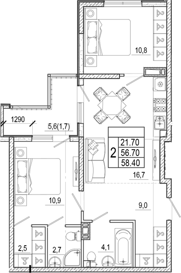 2-комн., 56.7 м², 13/17 этаж, ЖК «Лестория»