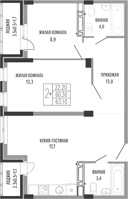 3-комн., 61.8 м², 2/4 этаж, ЖК «Екатерининский парк»
