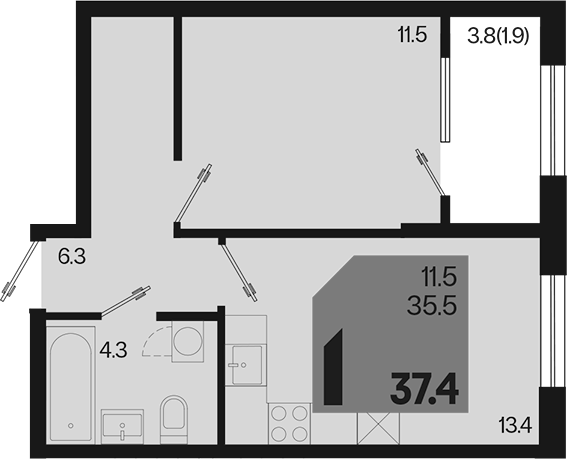 1-комн., 35.5 м², 2/18 этаж, ЖК «Первое место»