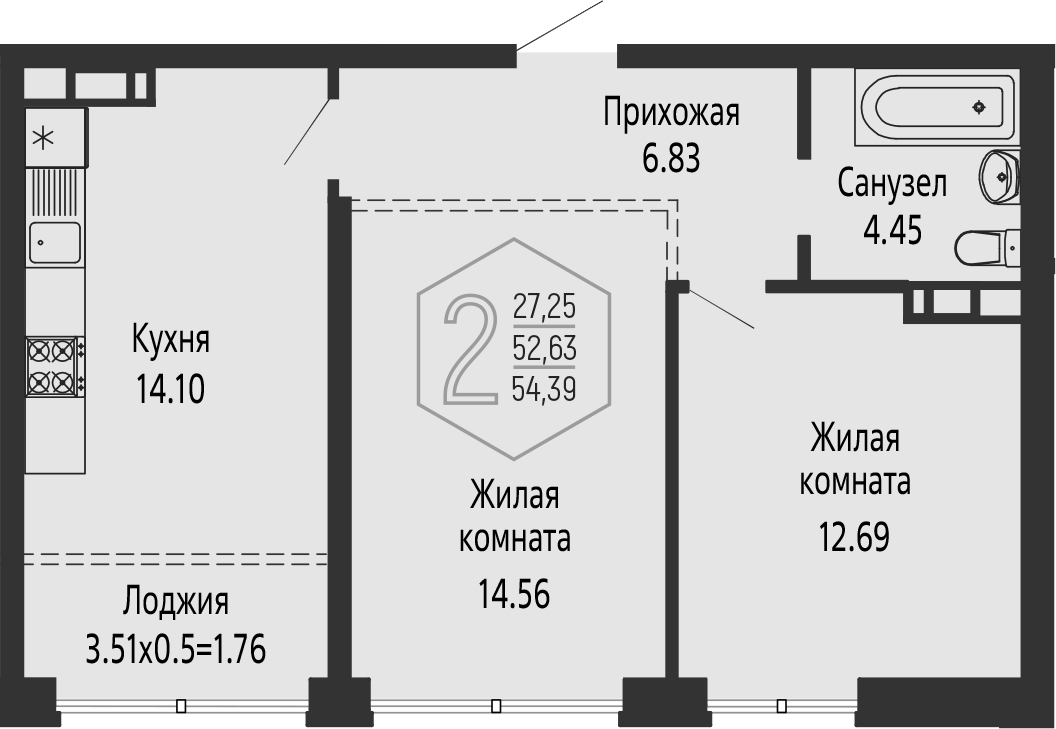 Продается 1-комн. квартира, 52.63 м²