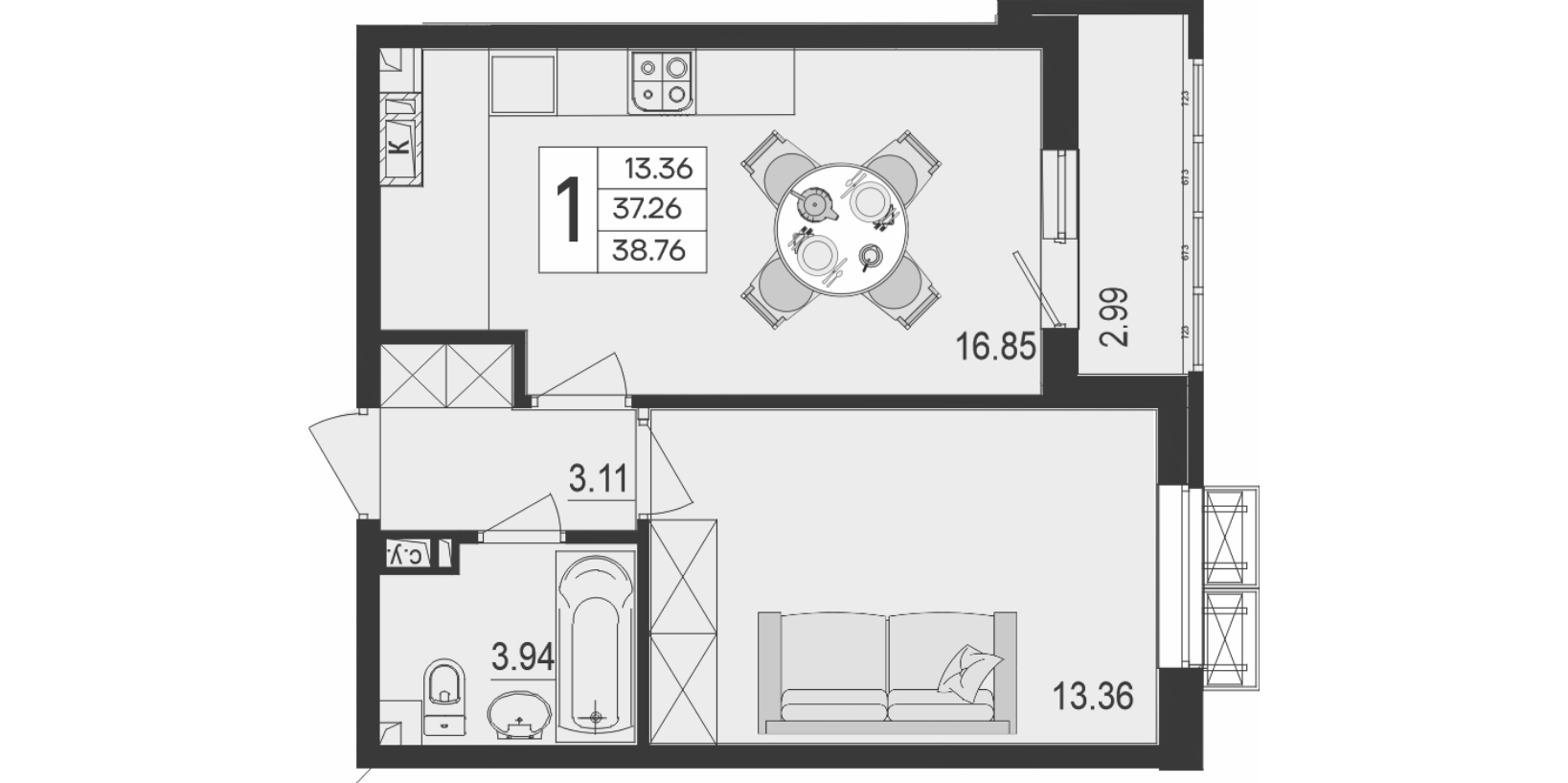 1-комн., 37.26 м², 4/9 этаж, ЖК «Дом 101»