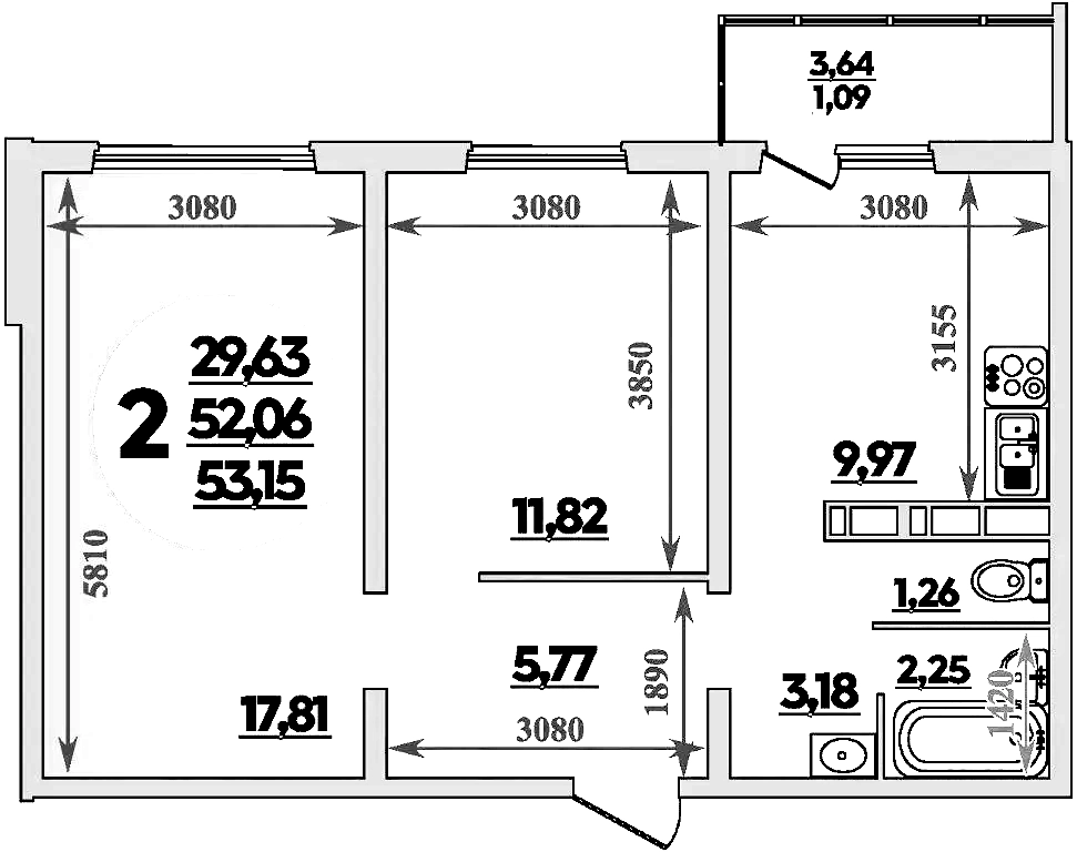 2-комн., 52.06 м², 7/9 этаж, ЖК «Романовский»