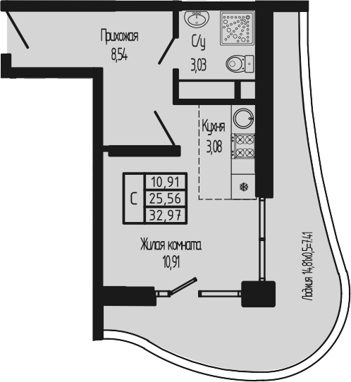 Студия, 25.56 м², 10/12 этаж, ЖК «Sun Hills Ольгинка»