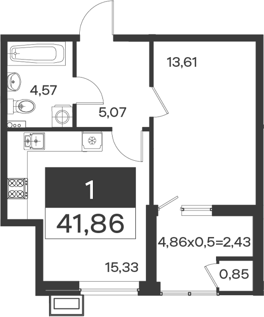 1-комн., 38.58 м², 2/18 этаж, ЖК «Образцово»