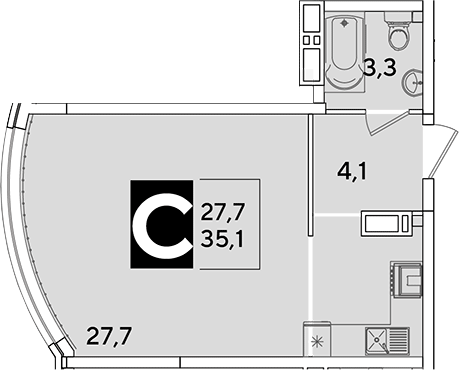 Студия, 35.1 м², 11/16 этаж, ЖК «Самолет»