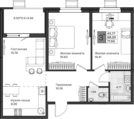 3-комн., 68.29 м², 8/8 этаж, ЖК «МОНО квартал»