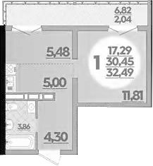 1-комн., 30.45 м², 11/16 этаж, ЖК «Город у моря»