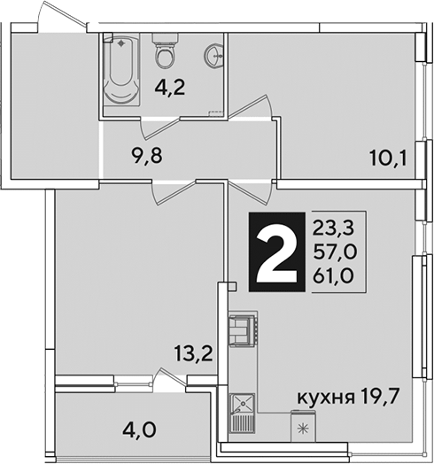 3-комн., 57 м², 1/16 этаж, ЖК «Самолет»