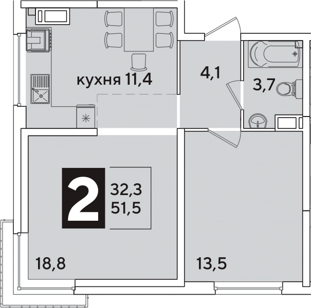 2-комн., 51.5 м², 10/16 этаж, ЖК «Самолет»