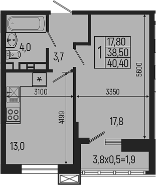 Продается 1-комн. квартира, 38.5 м²