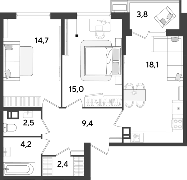 3-комн., 66.3 м², 8/9 этаж, ЖК «Парк Победы»