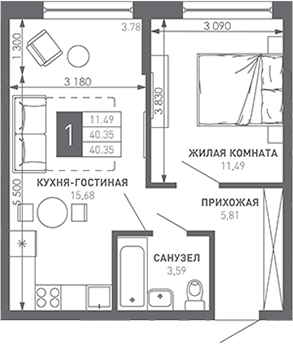 1-комн., 41.7 м², 8/9 этаж, ЖК «Иначе в Молодежном»