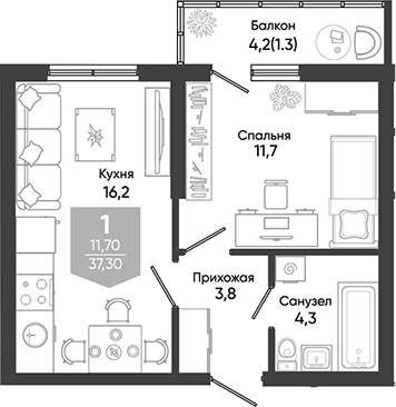 2-комн., 36 м², 1/24 этаж, ЖК «Облака»