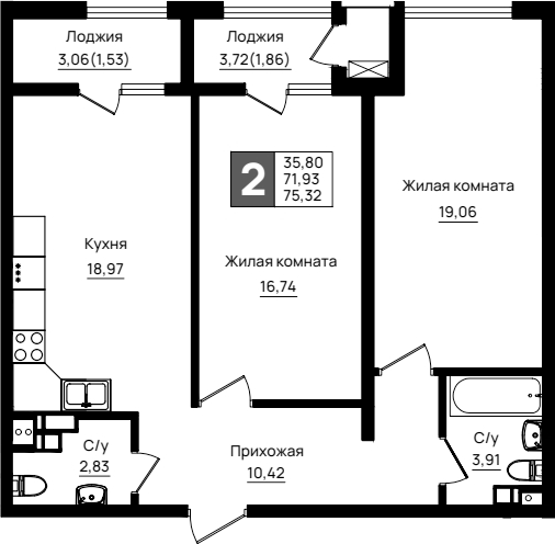 2-комн., 71.93 м², 7/9 этаж, ЖК «Резиденция морей»