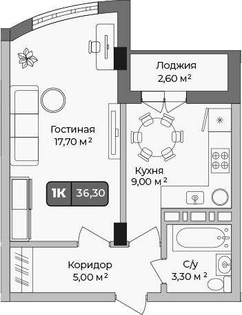 1-комн., 35 м², 2/9 этаж, ЖК «Опера»
