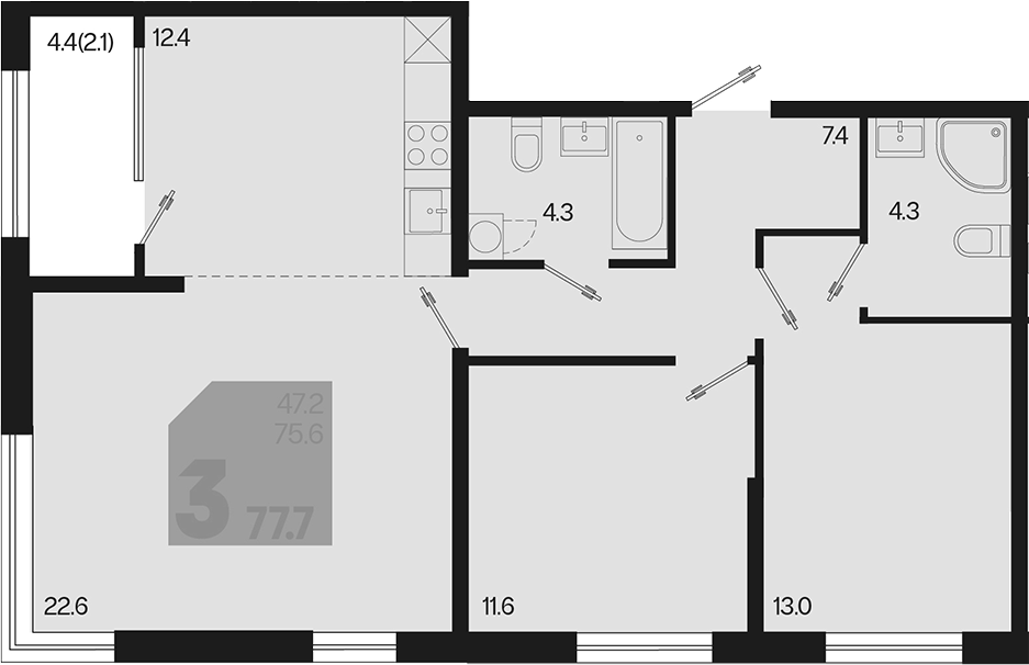 3-комн., 75.6 м², 2/18 этаж, ЖК «Первое место»