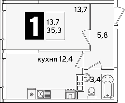 1-комн., 35.3 м², 3/16 этаж, ЖК «Самолет»