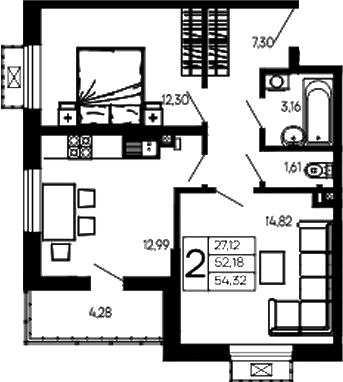 2-комн., 52.18 м², 2/14 этаж, ЖК «Эпос»