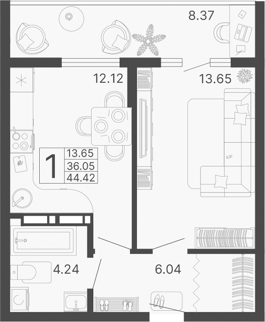 1-комн., 36.05 м², 2/14 этаж, ЖК «Светский лес»